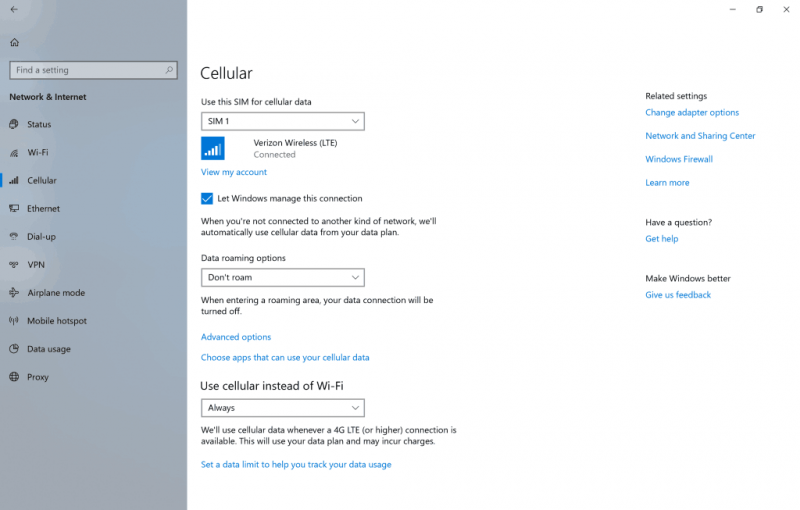 Windows 10 cellular settings seesnake