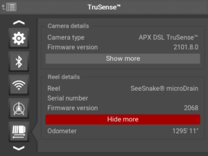 TruSense reel odometer screen | SeeSnake TruSense screen showing APX DSL camera details, a SeeSnake microDrain reel, and an odometer reading of 1,295 feet 11 inches.