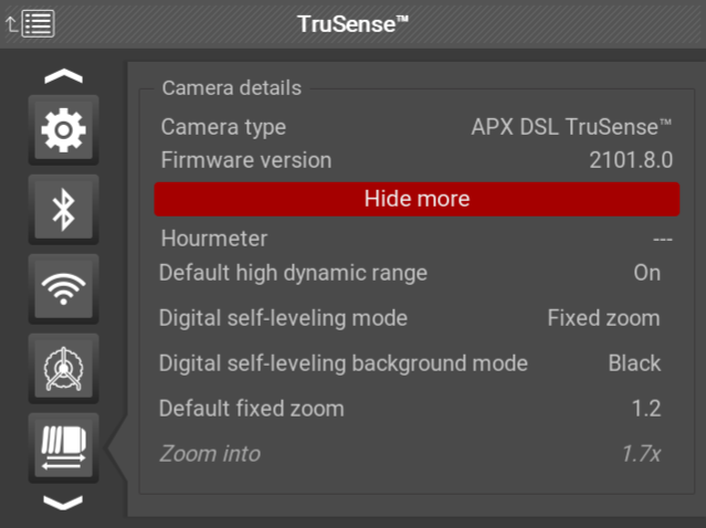 TruSense settings on the CSx monitor showing Digital Self-Leveling options including DSL mode, background mode, and zoom settings
