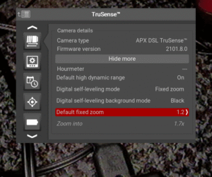 TruSense settings on the CSx monitor with Default fixed zoom setting highlighted at 1.2x